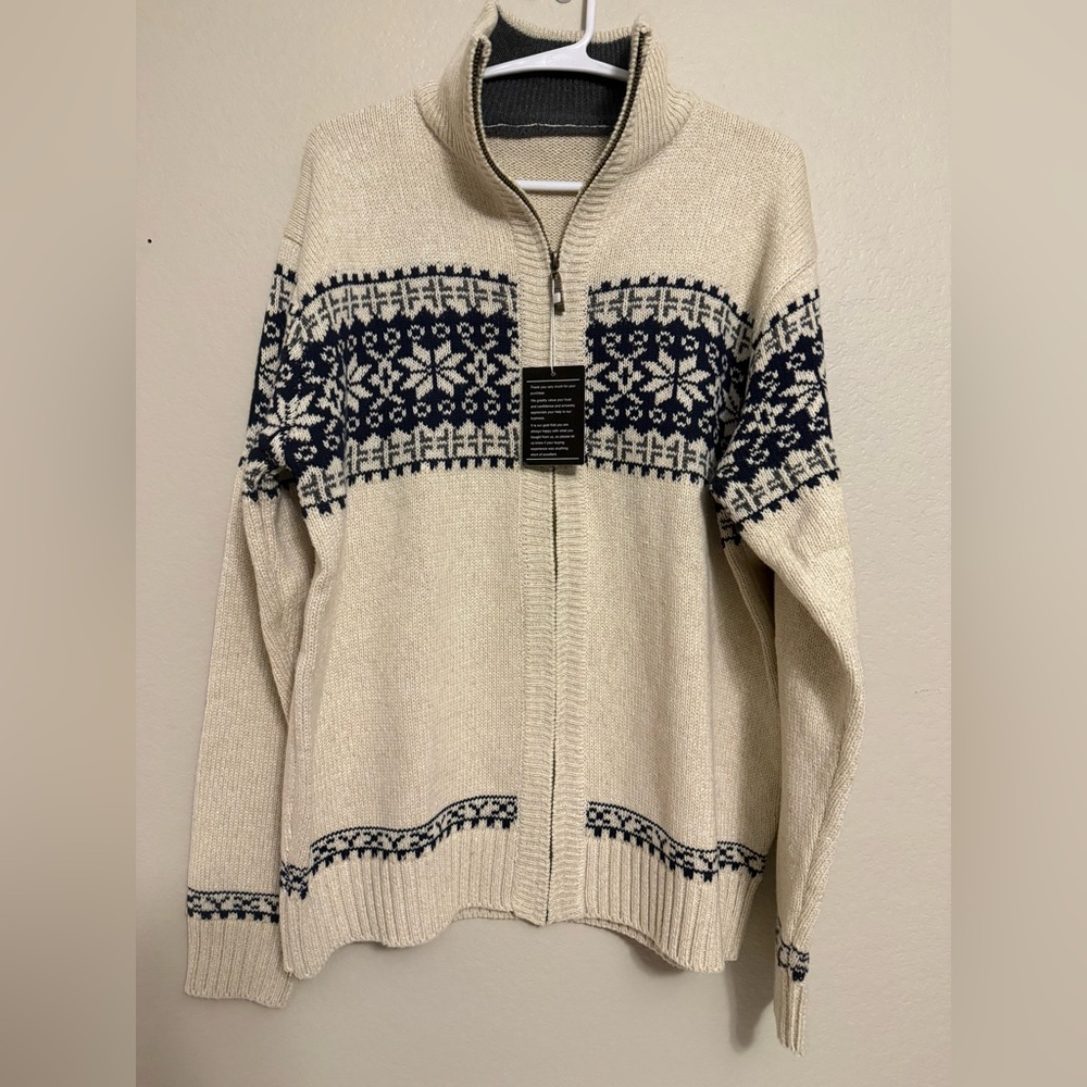Source Unknown Cream Half-Zip Fair Isle Sweater with Navy Pattern